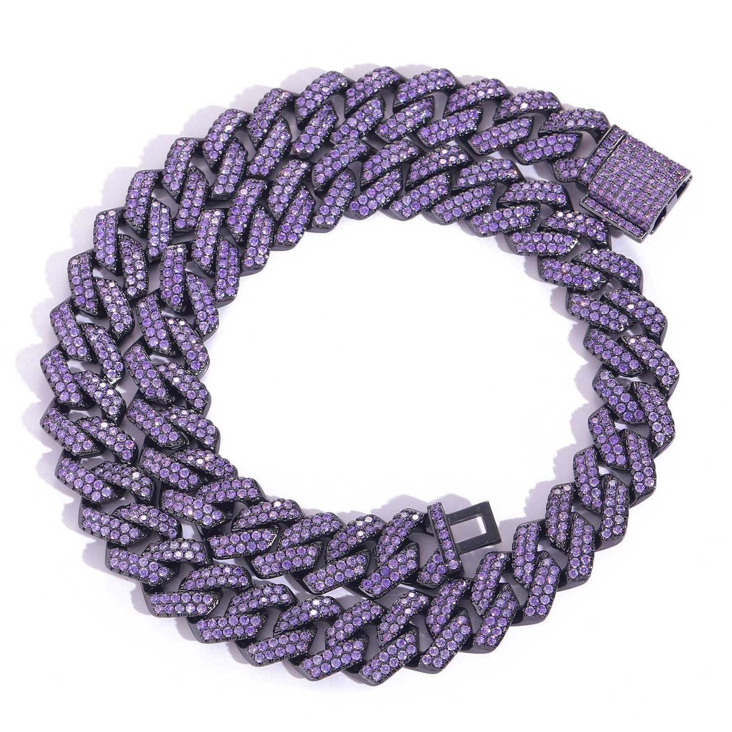 Hiphop Necklace Men Purple Zircon 15mm Rhombus Cuban Chain Copper Inlaid Zircon Hip Hop Cuban Link Chain Necklace