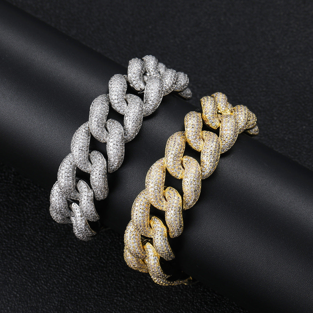 European And American New Hiphop Necklace 18mm Encrypted Bubble Cuban Chain Spring Buckle Full Zircon Domineering Bracelet Jewelry