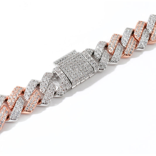 Hip Hop Two Tone 14mm White Gold Rose Gold Mixed Color Iced Out AAA Cubic Zircon Miami Cuban Bracelelt Jewelry