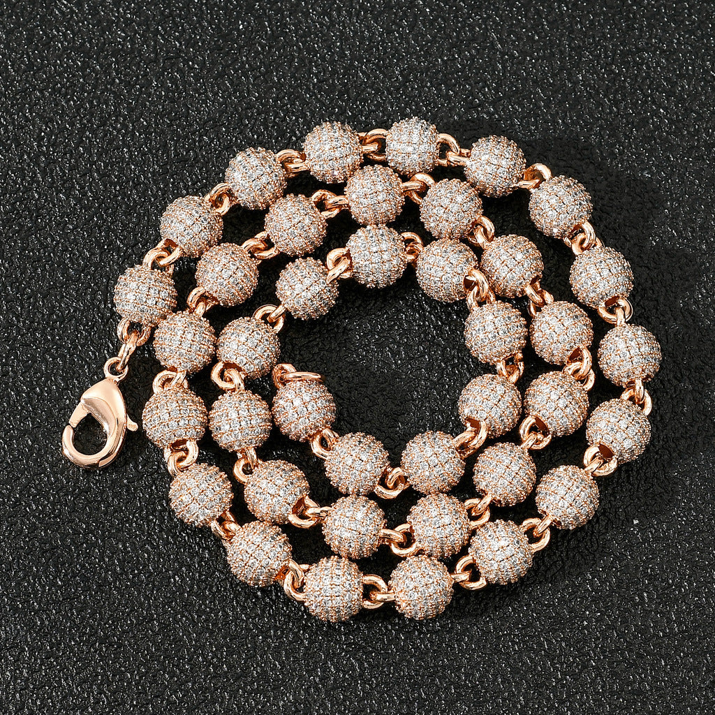8MM Fashion 3D Round Bead Chain Copper Zircon Hip Hop Jewelry 14K Gold Spiked Womens Cuban Link Chain Necklaces