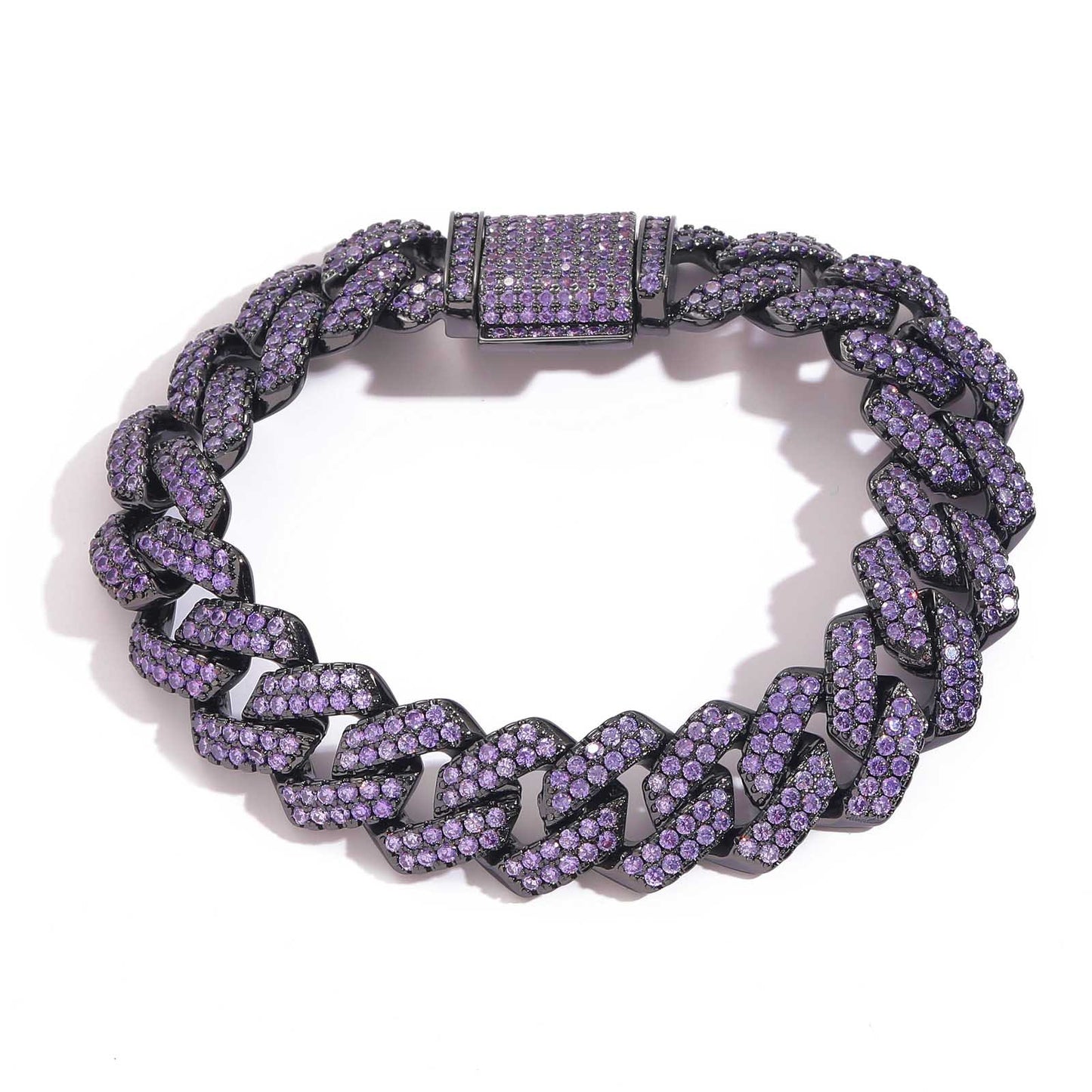 Products Hiphop Bracelet Men Purple Zircon 15mm Rhombus Cuban Chain Copper Inlaid Zircon Hip Hop Cuban Link Chain Bracelet